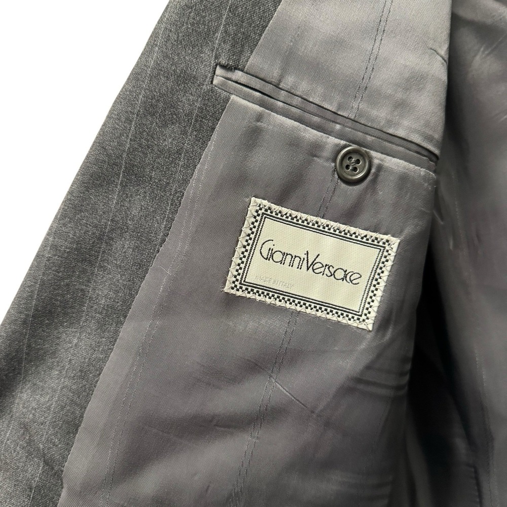 Gianni Versace Vtg 80s Men's Sz 50 Dark Gray Striped Double Breasted Wool Blazer - Picture 3 of 6